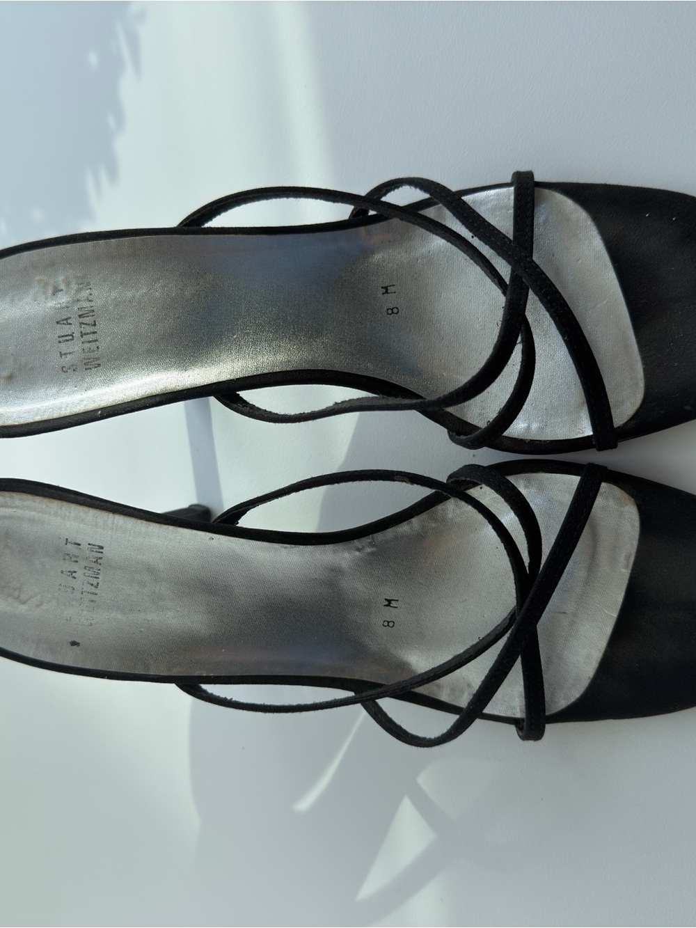 Stuart Weitzman Black Strappy Satin Slingback Heels